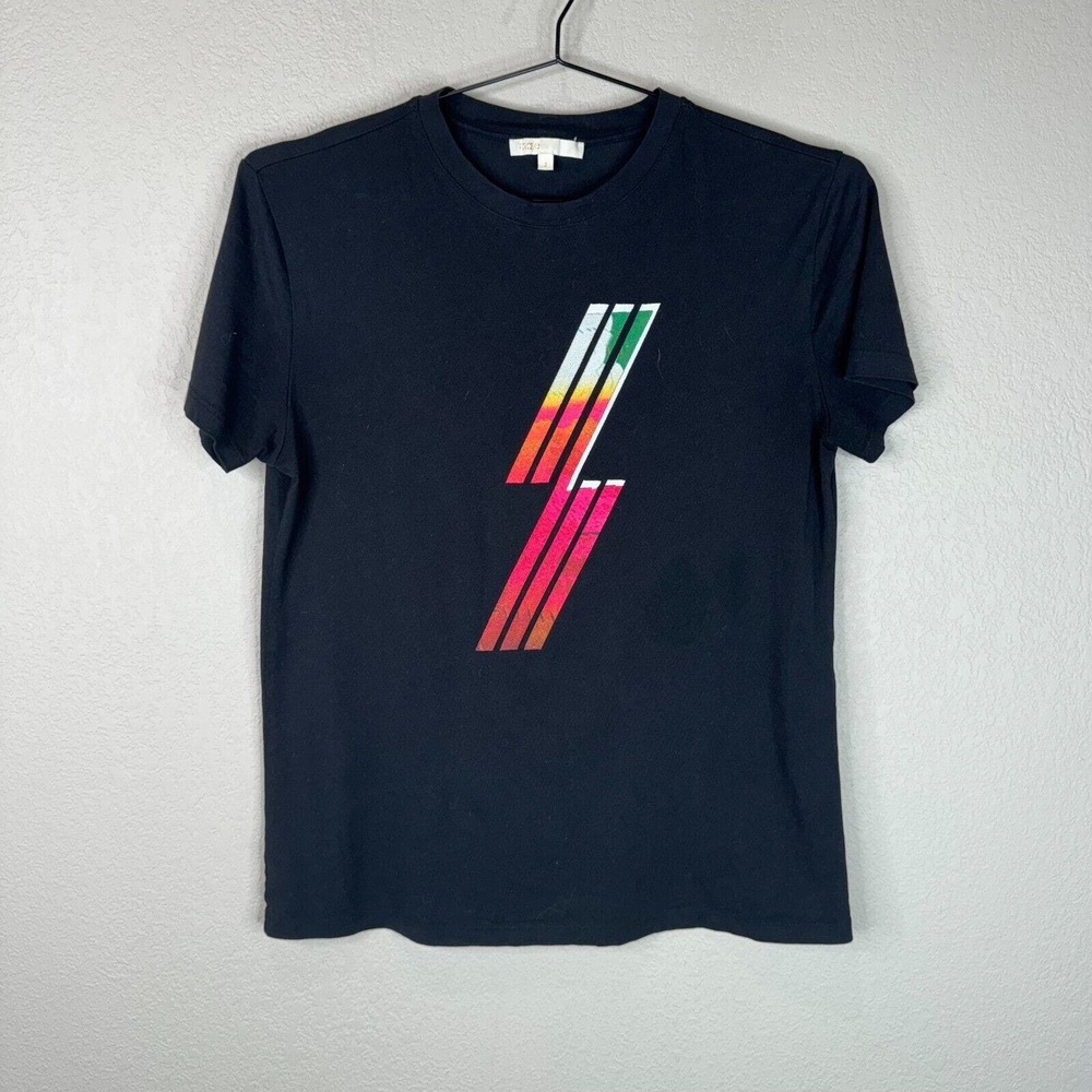 Maje Womens T-Shirt Size 2 Black Lightning Bolt Short Sleeve Crewneck Tee Casual
